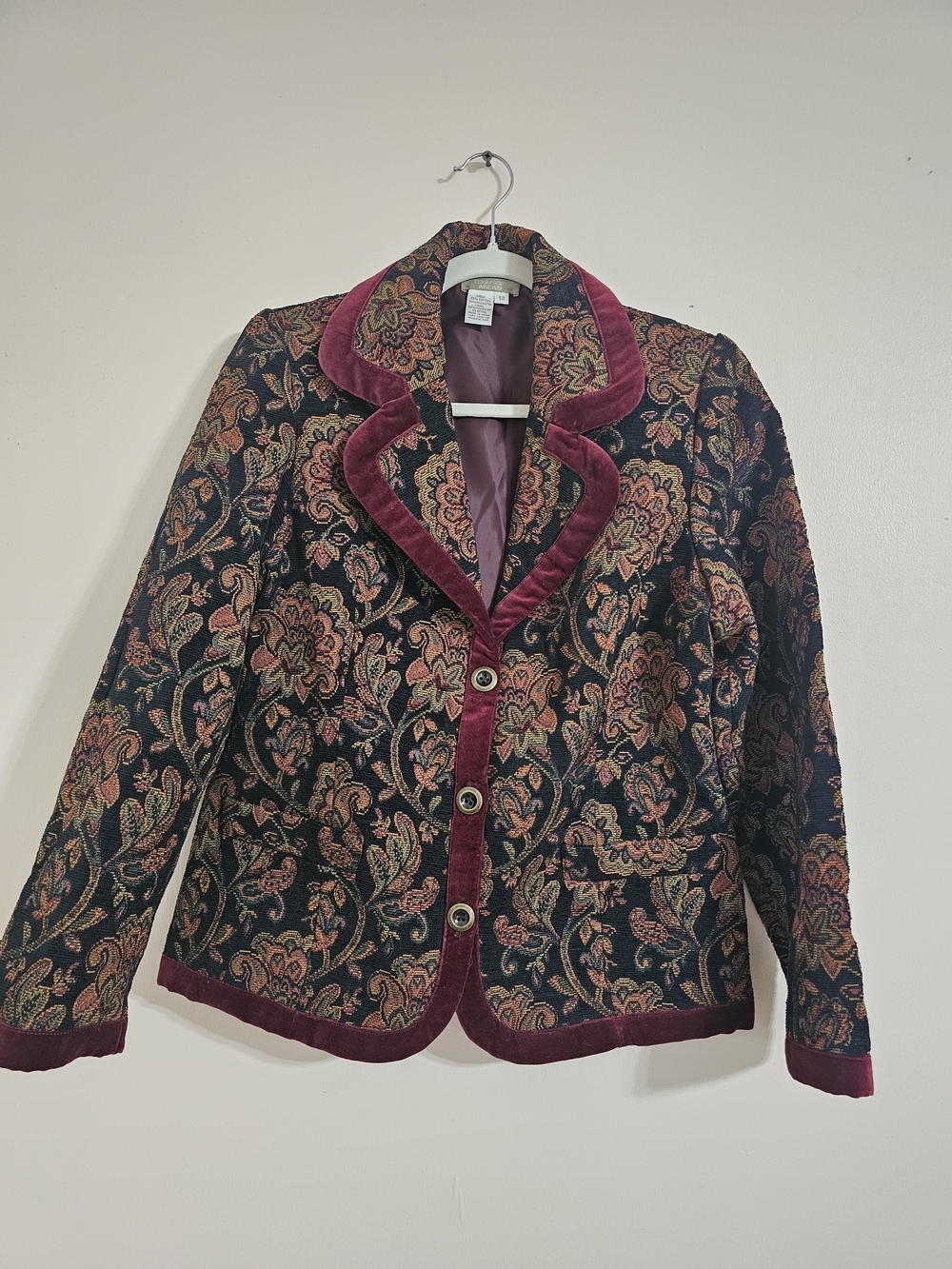 Territory Ahead Sz 12 Brocade Velvet-Trim Paisley Blazer Jacket - Wine/Black